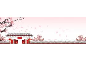 红色中式建筑桃花中国风横幅背景