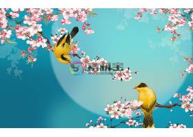 淡雅中国风山水花鸟背景墙