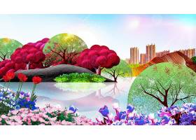 新中式花卉风景插画
