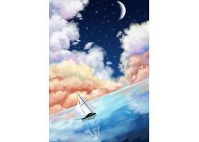 海上的帆船主题创意梦幻手绘插画素材