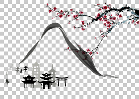 黑白花,黑白,线路,分支,树,花,植物,绘画,日本文化,山水画,水彩画