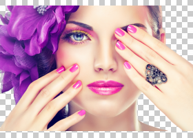 紫色女性指甲和面部妆容