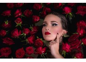 模特,女孩,口红,水,玫瑰,花,红色,玫瑰,红色,花,壁纸,