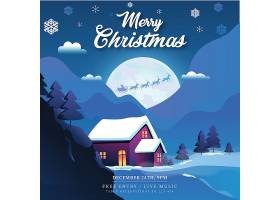 蓝色夜晚雪地房子圣诞老人驯鹿送礼出门海报插画背景设计