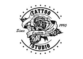 复古纹身工作室标志与玫瑰矢量插图黑白花_11236081