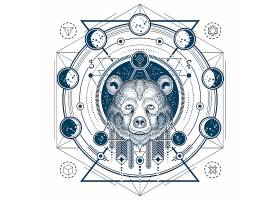 熊头和月相的几何纹身正面图的矢量插图_1215918