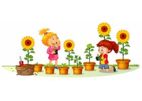 两个女孩在花园里种向日葵的场景_7686802