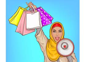 阿拉伯妇女戴着头巾拿着大喇叭和购物袋_6610183