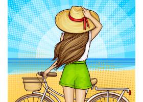 海滩上的波普艺术女孩骑着自行车_9414739