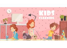 小孩子打扫起居室复古卡通海报有扫地洗_4385954