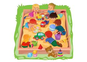 小男孩和小女孩坐在沙盒里玩他们的玩具_1215756