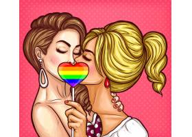 矢量波普艺术女同性恋夫妇接吻并用彩虹心_1215956