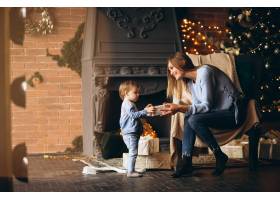 母亲带着女儿坐在圣诞树旁的椅子上_3655263