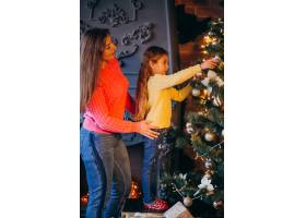 母亲带着女儿装饰圣诞树_3654201