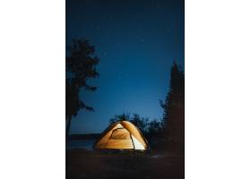 野营帐篷的垂直射击在树附近的夜间期间_7822564