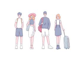小组有行李和背包的旅游站立在漫画人物_13744625