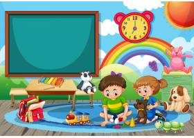 与两个孩子的幼儿园学校场面玩玩具在房间里_16853737
