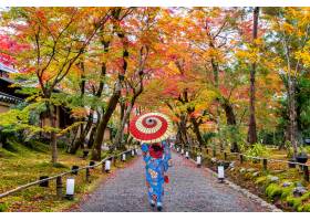 穿日本传统和服的亚裔妇女走在秋天公园_10695545