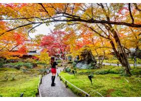 少妇拍照片在秋天公园五颜六色的叶子在秋_10695538