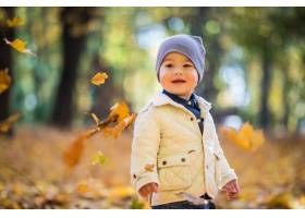 使用和扔叶子的小男孩在秋天公园_10147711