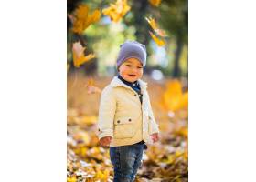 使用和扔叶子的小男孩在秋天公园_10147715