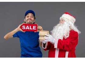 圣诞老人正面图有拿着销售横幅和食物包裹的_11577466