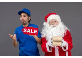 圣诞老人正面图有拿着销售横幅和食物包裹的_11577470