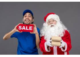 圣诞老人正面图有拿着销售横幅和食物包裹的_11577491
