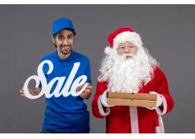 圣诞老人正面图有拿着销售横幅和食物箱子的_11577342