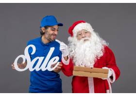 圣诞老人正面图有拿着销售横幅和食物箱子的_11577370