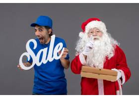 圣诞老人正面图用拿着销售横幅和食物箱子的_11577332