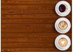 与三杯咖啡的背景在木台式视图与地方的文本