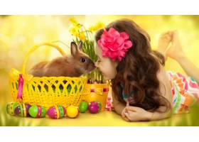 人,孩子,篮,蛋,头发中的花,赤脚,兔,水仙花,复活节,复活节彩蛋
