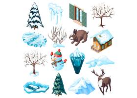 冬季景观设计一组等距图标动物裸露的树木_7286367