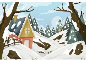 有树木和雪的手绘平坦冬季景观_19460386