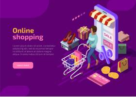 紫色背景上的等距网上购物概念