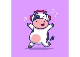 可爱的奶牛用耳机听音乐卡通动物技术图标