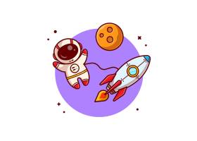 可爱的宇航员与火箭一起漂浮在太空卡通图标