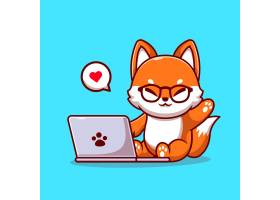 可爱的狐狸操作笔记本电脑卡通插图